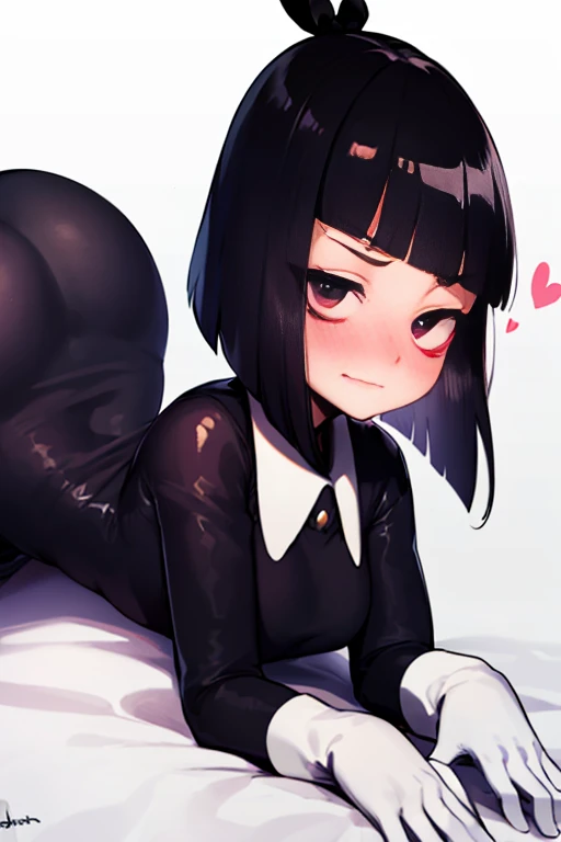Susie, short hair, bags under eyes, right eye half closed, wavy mouth, black eyeliner, laying down, blush, heart bubble, thick butt,
SuDr, tight long black dress with white collar, long sleeves, long white gloves, black hair ribbon,
(insanely detailed, beautiful detailed face, masterpiece, best quality) <lora:Susie-10:0.8>