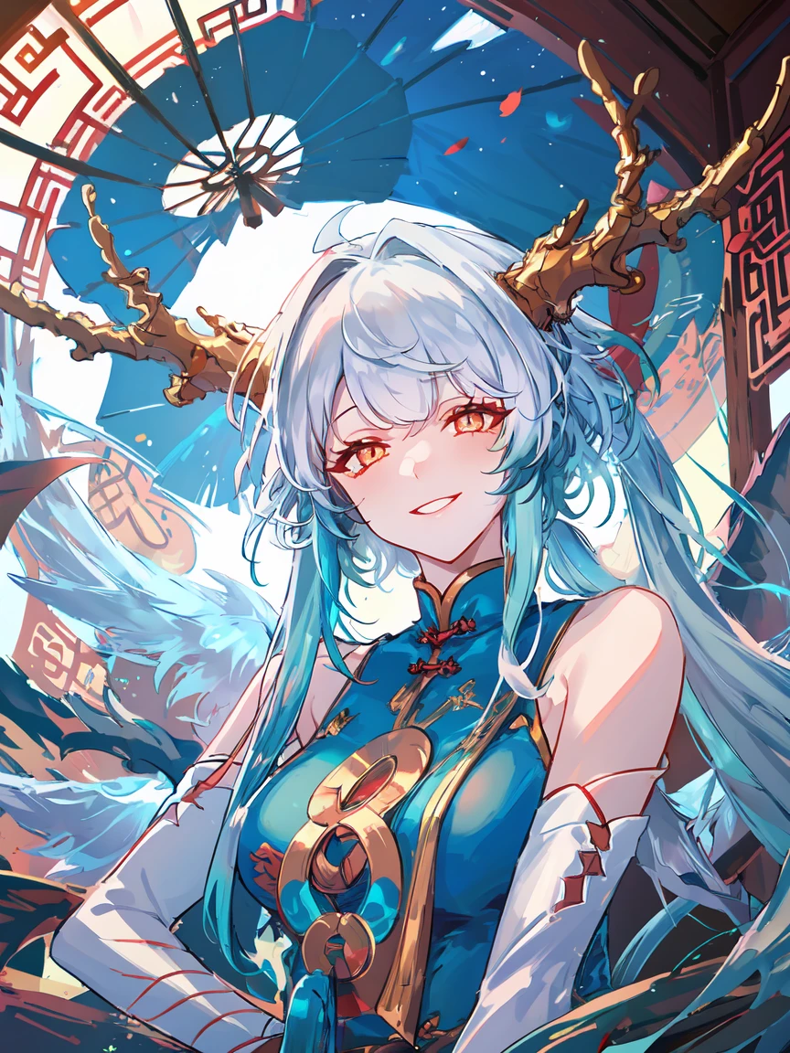 highres,best quality,highres,<lora:ShadowverseSilongV6:0.8>,silong,glowing eyes,shaded face,from below,evil smile,dragon horns,1girl,wings,looking at viewer,fan,holding,open fan,close-up,portrait,chinese clothes,bare shoulders