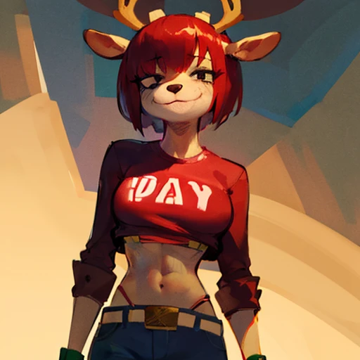 Lammy, furry female, deer ears, half-open eyes, animal ears, short red hair , black eyes, standing, smiling, solo,
LMattire, sleeves, red shirt, jeans, belt, crop top, midriff, green watch,
(insanely detailed, beautiful detailed face, masterpiece, best quality) <lora:Lammy-09:1>