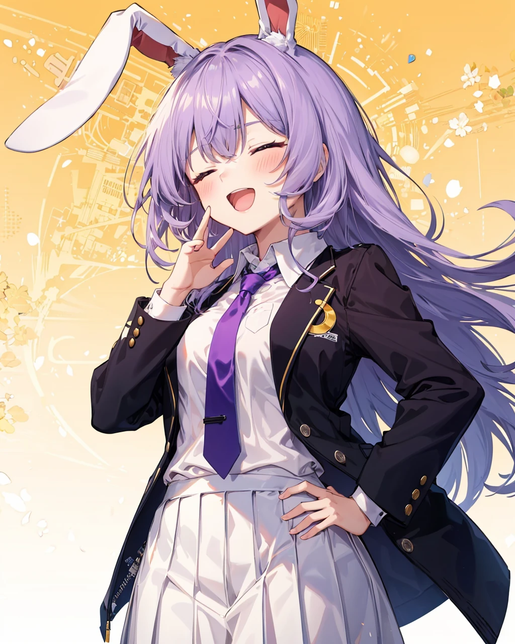 <lora:OjouSamaPose:1>,ojou-sama pose, 1girl, long hair, solo, reisen udongein inaba, animal ears, rabbit ears, jacket, skirt, open mouth, closed eyes, long sleeves, necktie, smile, bangs, crescent, shirt, purple hair, white shirt, laughing, hand on hip, blush, white skirt, collared shirt, red necktie, yellow background, +++, gradient, breasts, buttons, crescent pin, gradient background, blazer, black jacket, light purple hair, standing, medium breasts, polka dot background, very long hair, pleated skirt, simple background