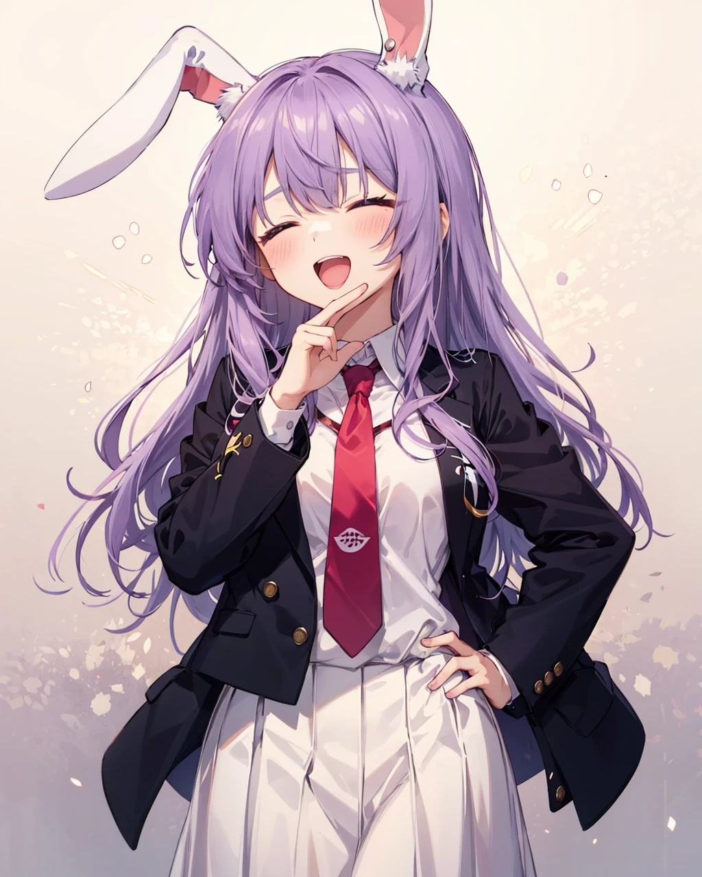 <lora:OjouSamaPose:1>,ojou-sama pose, 1girl, long hair, solo, reisen udongein inaba, animal ears, rabbit ears, jacket, skirt, open mouth, closed eyes, long sleeves, necktie, smile, bangs, crescent, shirt, purple hair, white shirt, laughing, hand on hip, blush, white skirt, collared shirt, red necktie, yellow background, +++, gradient, breasts, buttons, crescent pin, gradient background, blazer, black jacket, light purple hair, standing, medium breasts, polka dot background, very long hair, pleated skirt, simple background