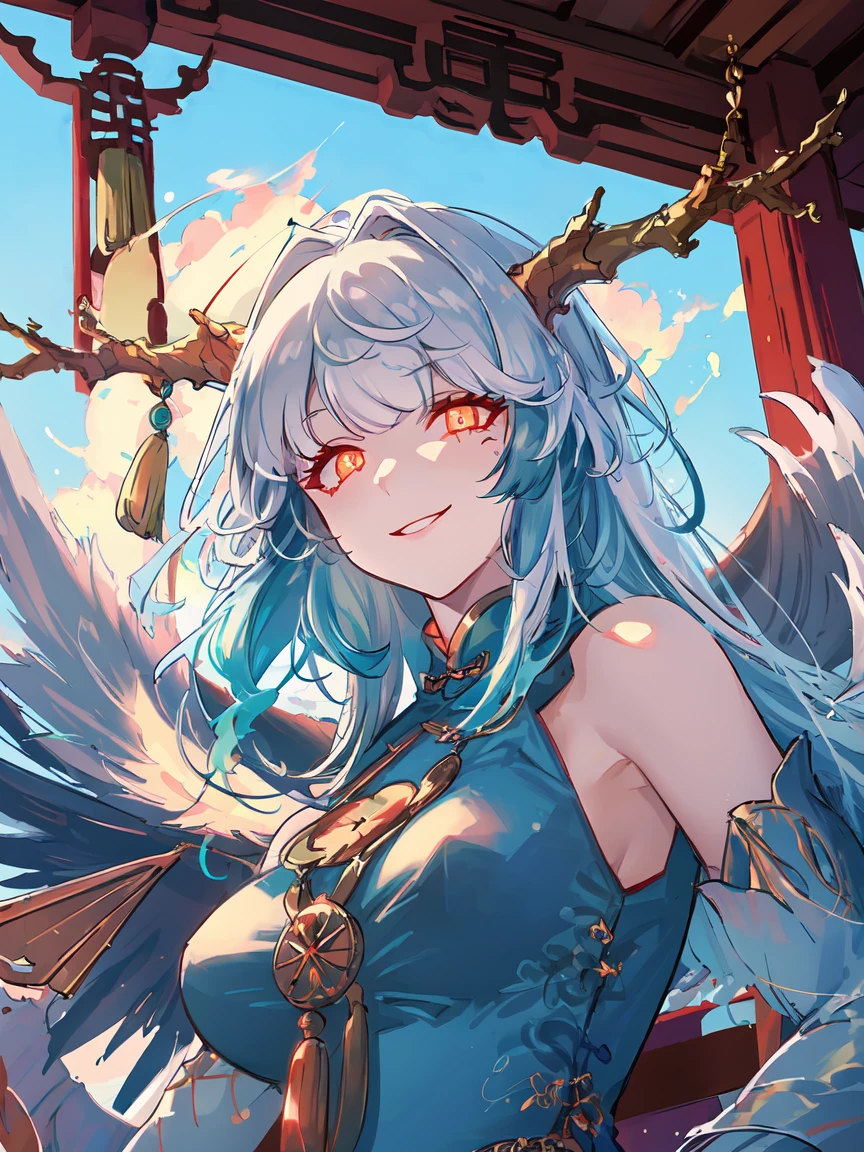 highres,best quality,highres,<lora:ShadowverseSilongV6:0.8>,silong,(shaded face:1.3),(glowing eyes:1.2),from below,evil smile,dragon horns,1girl,wings,looking at viewer,fan,holding,open fan,close-up,portrait,chinese clothes,bare shoulders