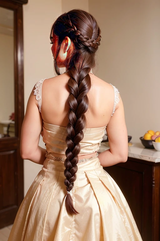 (long_braid_hairstyle:1.3),woman posing for a photo, wearing wedding dress,
good hand,4k, high-res, masterpiece, best quality, head:1.3,((Hasselblad photography)), finely detailed skin, sharp focus, (cinematic lighting), night, soft lighting, dynamic angle, [:(detailed face:1.2):0.2],(((in hair salon))),  <lora:long_braid_hairstyle-10:0.5>