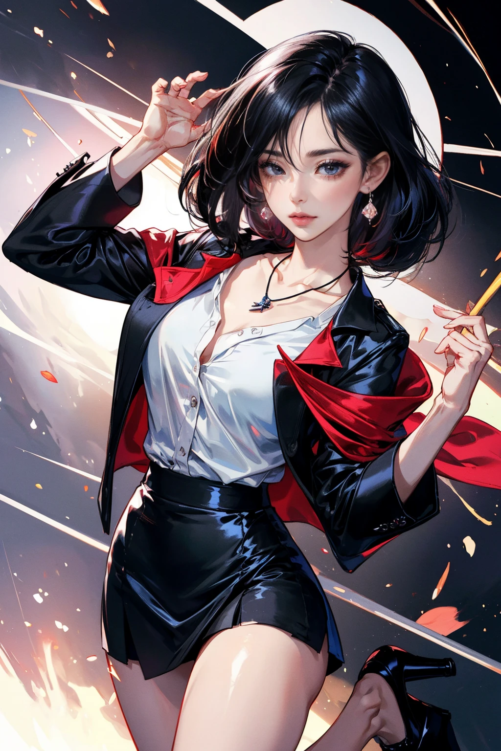 (8K, HDR, highres), ((((hyperrealism, masterpiece, best quality, ultra highres)))), (pin light, cinematic light), (hyper detail, finely detailed),
(((1girl))), __MY/background2__, magical realism,  still, {cowboy shot|full body|upper body},
__hair-female__, large breasts:0.3, Natural breasts:0.3, (slim waist, wide hip:1.2, large pelvis:1.3), (hip_up), (thick thighs and legs), oiledwet:1.4, 
((detailed beautiful face)), (perfect eyes, detailed eyes), (detailed facial features), beautiful and clear eyes, detail eye pupil, lipgloss, (Eyelashes:1.4), detailed hair, (((hair over one eye))), glossy, perfect hands,
{turnred_face|sorrowful_face|charmed_face|seduced_face|drunk_face|ecstasy_face},
(blazer:1.1), (((black mini skirt, silk blouse))), (Korean:1.3, japanese:1.2), tight, (((pubic hair:1.5, high heels))), 
__200WildcardsNSFWAnd_sdWildcards/earrings__, {necklace|amulet}, shoulder bag, 
<lora:GoodHands-beta2:1>, <lora:tangbohu-detailer_1.0:0.5>, <lora:[NSFW]NaturalLargeBreasts:0.3>, pureerosface_v1:0.2, <lora:koreanDollLikeness:0.2>,
