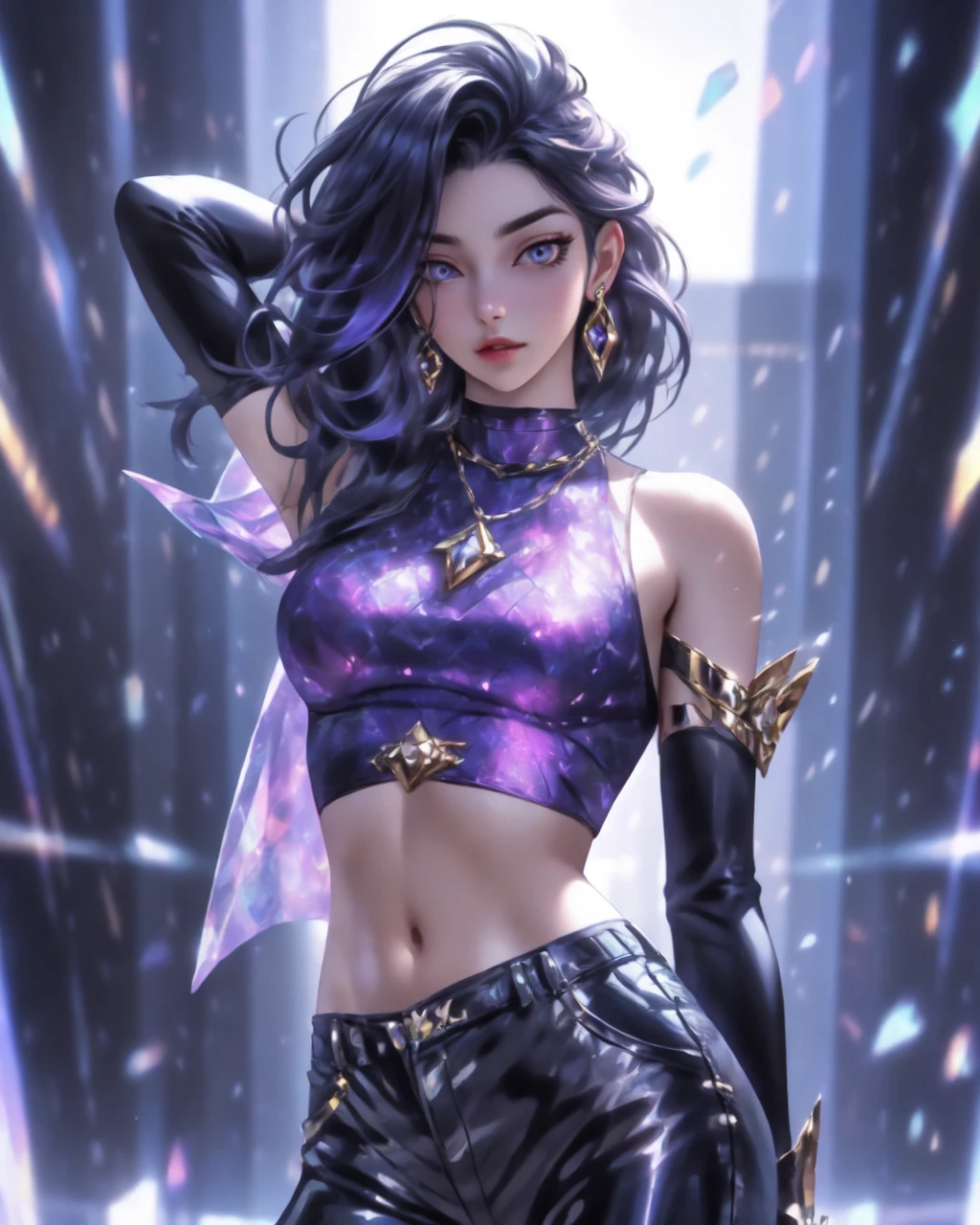 best quality, 1girl, solo, long hair, breasts, looking at viewer, black hair, gloves, navel, jewelry, large breasts, bare shoulders, purple hair, cowboy shot, earrings, detached sleeves, midriff, pants, necklace, arm up, lips, black pants, arm behind head, asymmetrical hair, nose, k/da \(league of legends\), <lora:epiNoiseoffset_v2:0.4>