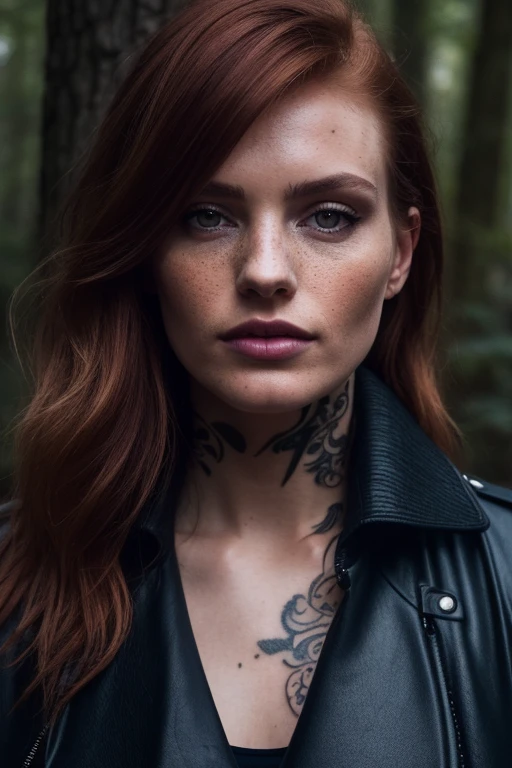 a photo of a seductive woman with loose styled redhead hair, posing in a forest, bored, she is wearing a leather jacket and leggings, mascara, (tattoos:1.1), (textured skin, skin pores:1.1), (moles:0.8), (imperfect skin:1.1) intricate details, goosebumps, flawless face, (light freckles:0.9), ((photorealistic):1.1), (raw, 8k:1.2), dark, muted colors, slate atmosphere,  <lora:LowRa:0.4>