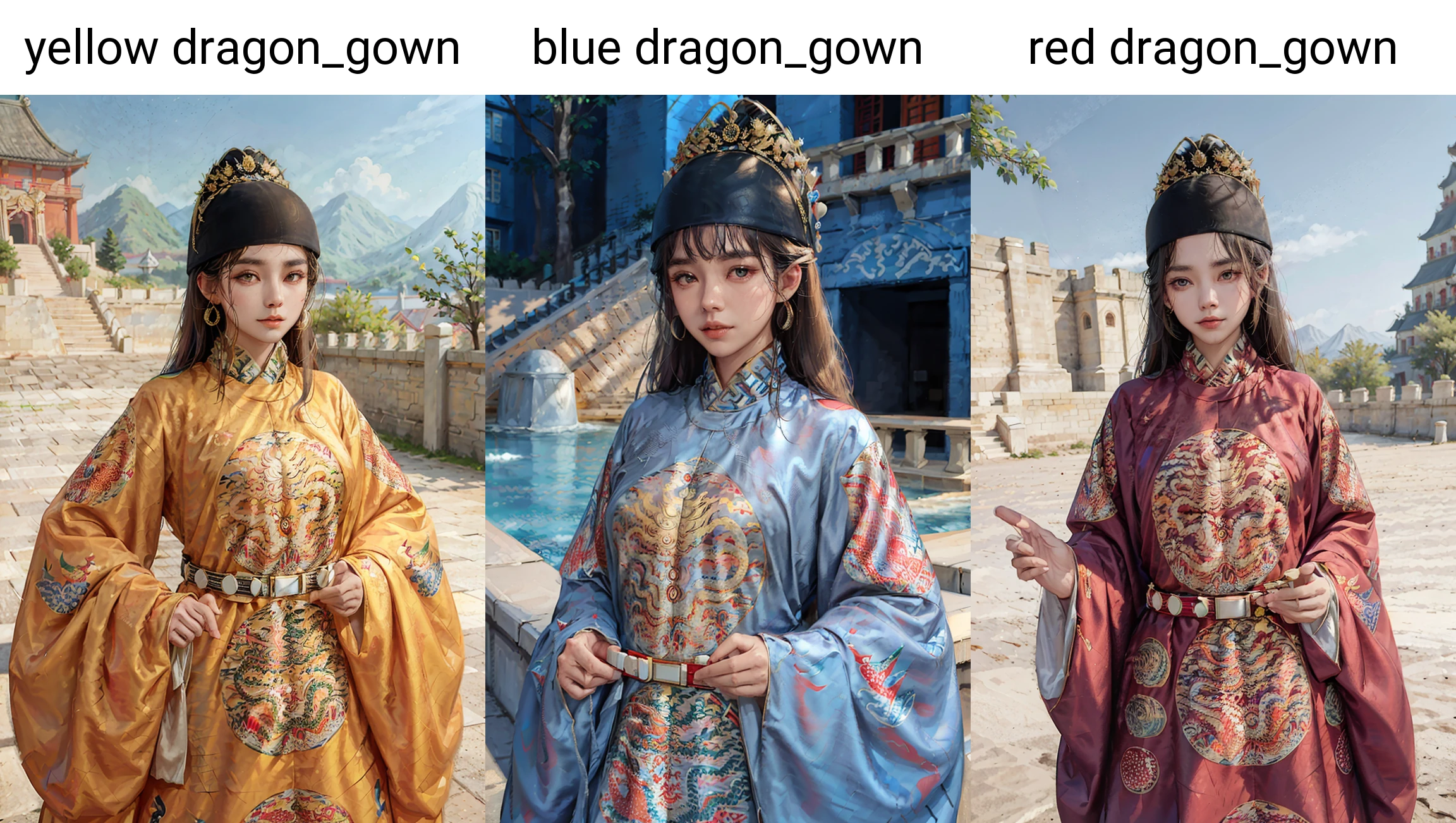breasts outline, breast shape covered by clothing, big beautiful breasts, 1girl, hat, long hair, yellow dragon_gown,Ancient Chinese fortresses background, city walls, masterpiece, best quality, photorealistic, <lora:dragon_gown_v1:0.9>
