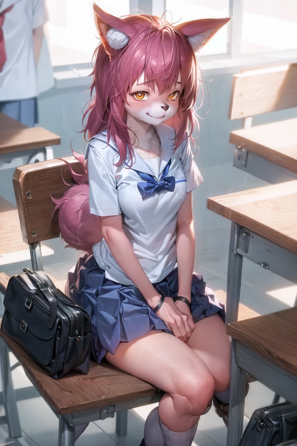 thetermfurchan, school uniform, classroom, closed mouth <lora:fur_chan:1>