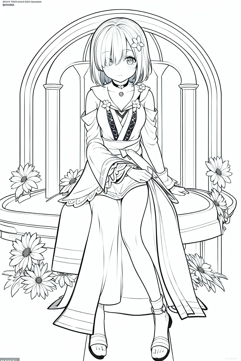 masterpiece,bast quality,official art,8K wallpaper,game cg,lineart, monochrome,isuzurenmagic \(magiarecord\),1gir, eyes,hair over one eye,expressionless, hair ornament,hair, short hair, hair flower,sitting, choker, choker, shoulder cutout, dress, footwear,full body, <lora:ringmag2:1:1,0.1,0.1,0.1,0.1,0,1,0,0.8,1,1,0,0,0,0,0,0>