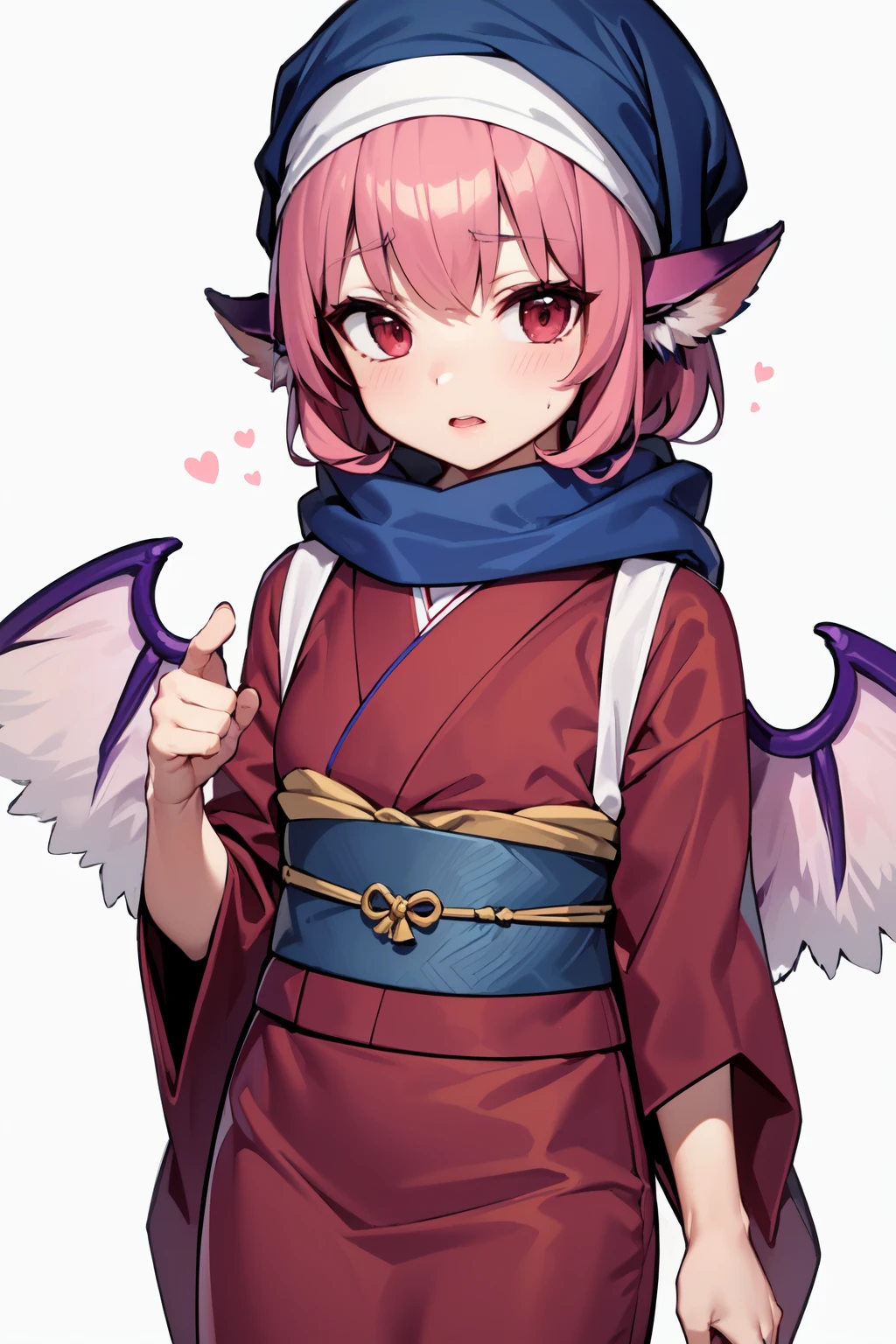 animal_ears, (sash code:1.3), (white_tasuki wings:1.1), (okamisty:1.5), (mystia lorelei:1.2), lips, (maroon_kimono:1.4),  (blue headscarf:1.5), (indigo blue_apron:1.2), (pink hair:1.2), <lora:oka_mysty2:0.2>