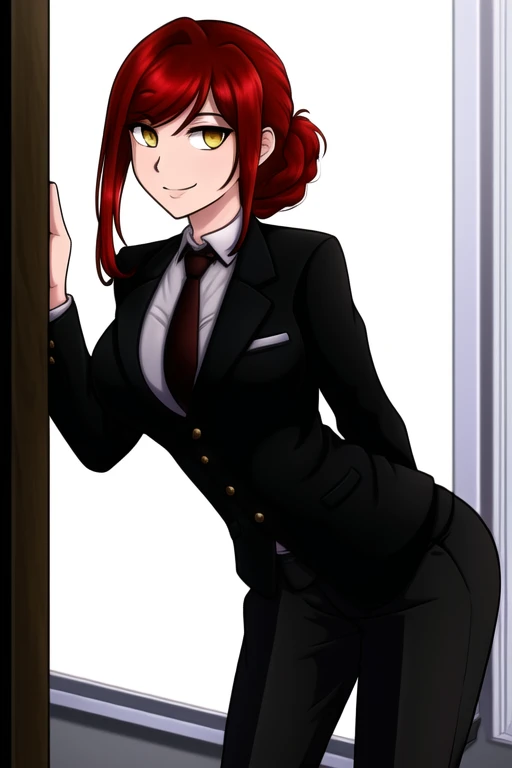 <lora:adjatha:0.85>, adjatha, masterpiece, best quality, 1girl, solo, formal, suit, red hair, pants, braid, black pants, ringed eyes, shirt, smile, looking at viewer, collared shirt, braided ponytail, bangs, sidelocks, necktie, breasts, black necktie, jacket, long sleeves, medium hair, black jacket, red eyes, signature, closed mouth, leaning forward, medium breasts, picture frame, long hair, light smile, indoors, business suit, black suit, yellow eyes, open clothes, shirt tucked in, white shirt
