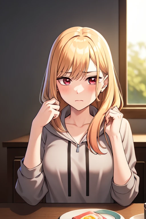 ((extreme detail)),(ultra-detailed), extremely detailed CG unity 8k wallpaper, <lora:MarinKitagawa:0.7>marin kitagawa, gray hoodie, looking away, (playing with hair:1.2), blush, frown, breakfast, eggs, window, kitchen,