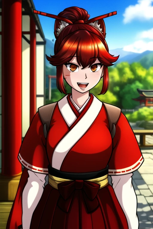 <lora:adjatha:0.9>, adjatha, masterpiece, best quality, 1girl, red gloves, japanese clothes, fingerless gloves, gloves, white kimono, fox mask, mask, brown eyes, bow, torii, fox, hakama, hair bow, green hair, smile, white bow, teeth, petting, open mouth, kimono, upper teeth only, ofuda, red hakama, looking at viewer, hakama skirt, breasts, hair between eyes, topknot, upper body, blurry, miko, skirt, medium breasts, outdoors, bangs, facial mark, solo, :d, sky, short sleeves, signature, short hair, blue sky, day, cloud, mask on head, headpat, wolf, petals, short ponytail, sunlight, animal, high ponytail, ponytail