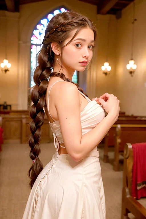 (long_braid_hairstyle:1.3),woman posing for a photo, wearing sexy wedding dress,
good hand,4k, high-res, masterpiece, best quality, head:1.3,((Hasselblad photography)), finely detailed skin, sharp focus, (cinematic lighting), night, soft lighting, dynamic angle, [:(detailed face:1.2):0.2],(((inside church))),  <lora:long_braid_hairstyle-10:0.5>