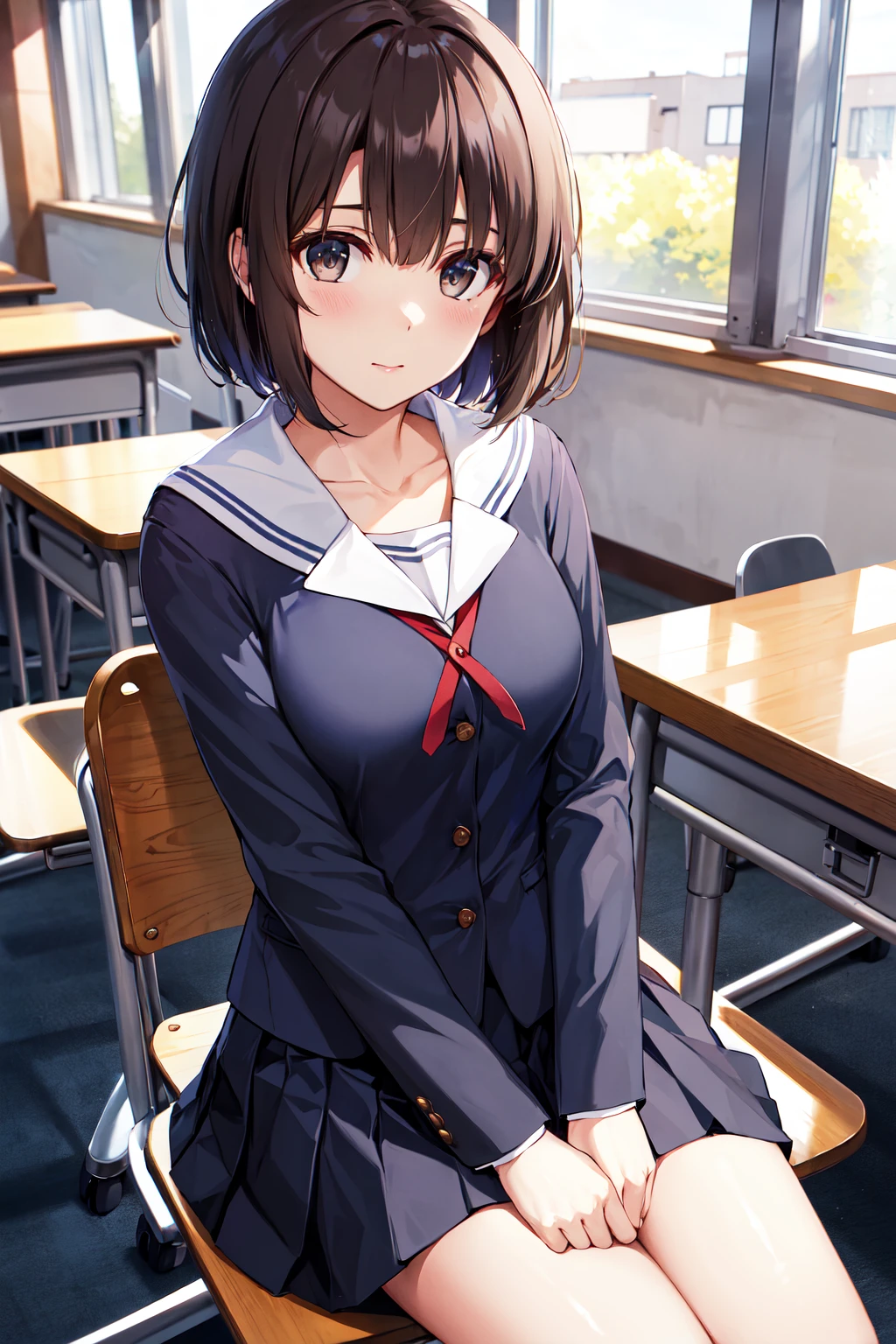 masterpiece, best quality, highres, hmkm1, short hair, blue shirt, school uniform, pleated skirt, long sleeves, collarbone, serafuku, medium breasts, <lora:katou_megumi_v1:0.7>, cowboy shot, indoors, classroom, sitting, desk, chair,