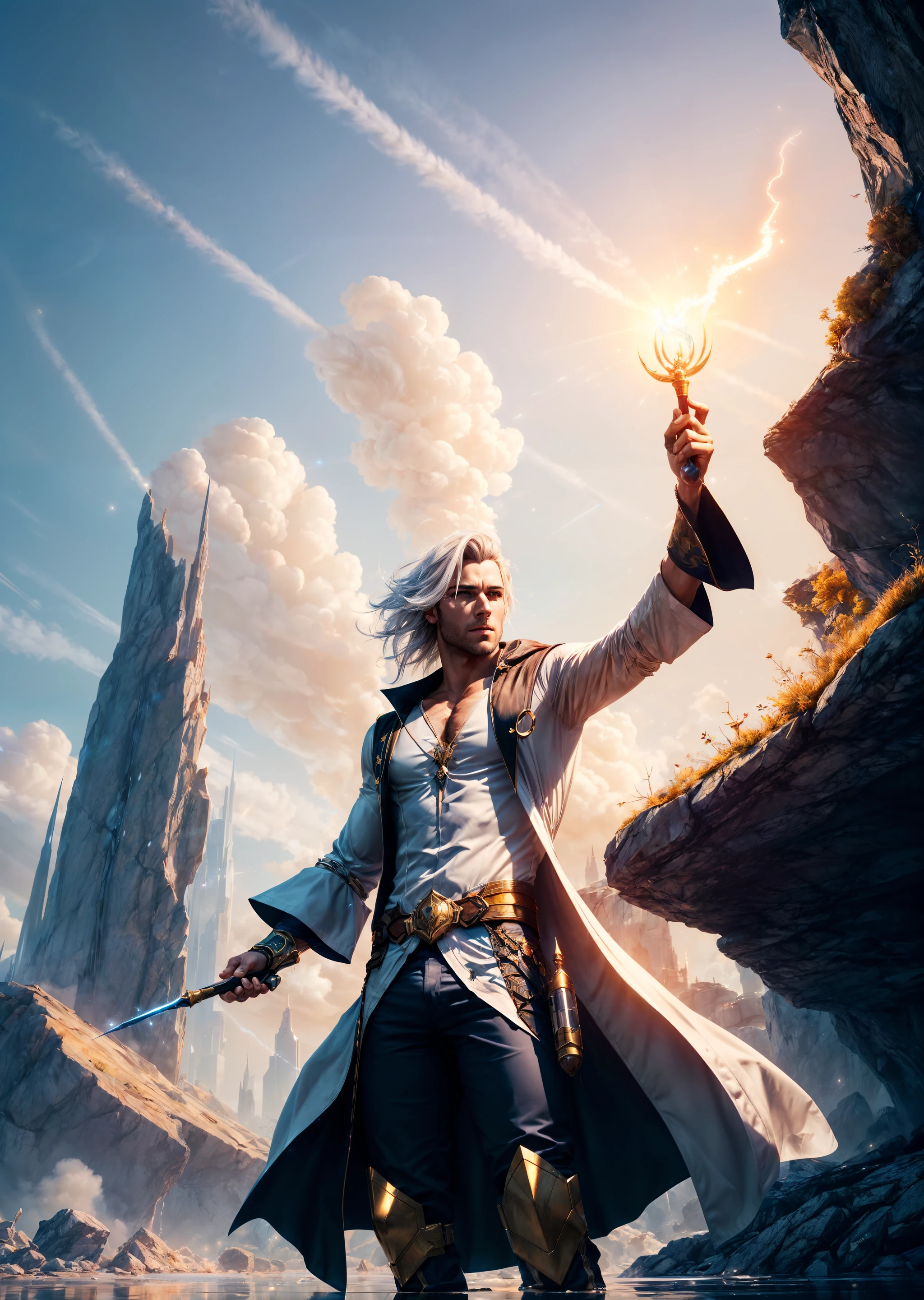 Young male wizard, cyberpunk, white wizard shirt with golden trim, white robe moving in the wind, long white hair, fully clothed, perfect face, handsome, (perfect composition:1.4), deviantart hd, artstation hd, concept art, detailed face and body, award-winning photography, margins, detailed face, detailed hands, ,backlight, 12k ultrarealistic, ray tracing, intense gaze, looking at the viewer, cinematic lighting, art by Grzegorz Rutkowski, embers, high fantasy background, action pose, hands up to 90 degrees, holding a small magic wand, water splash, misty <lora:add_detail:1>