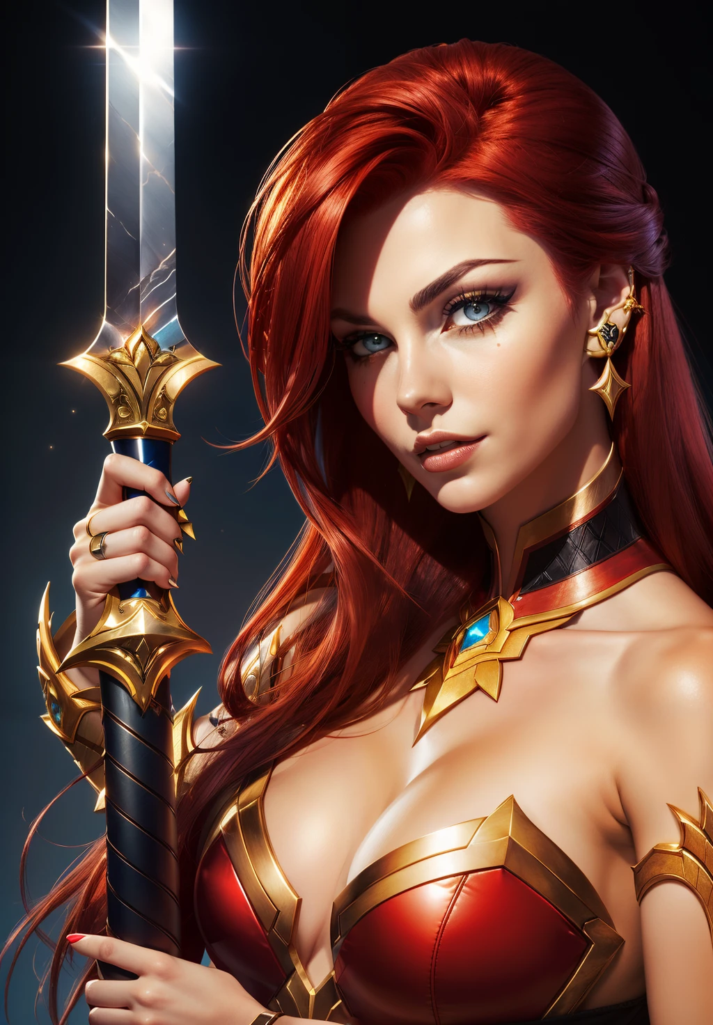 Woman with red hair, holding a sword, fantastic world, close-up portrait, goddess skull, (Senna from League of Legends:1.1)