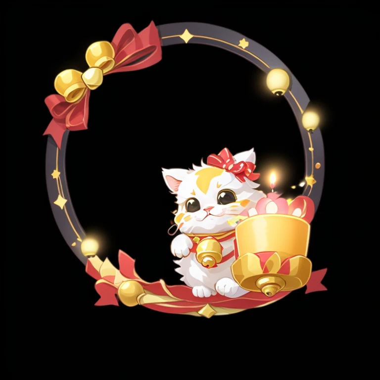 (masterpiece, top quality, best quality, official art, beautiful and aesthetic:1.2),(8k, best quality, masterpiece:1.2),(((black background, )))
touxiangkuang, game icon, game icon institute,, A little cat keeps circling around the frame, with golden bells around it. It looks beautiful, like a fantasy
 <lora:游戏图标研究所_头像框:1>