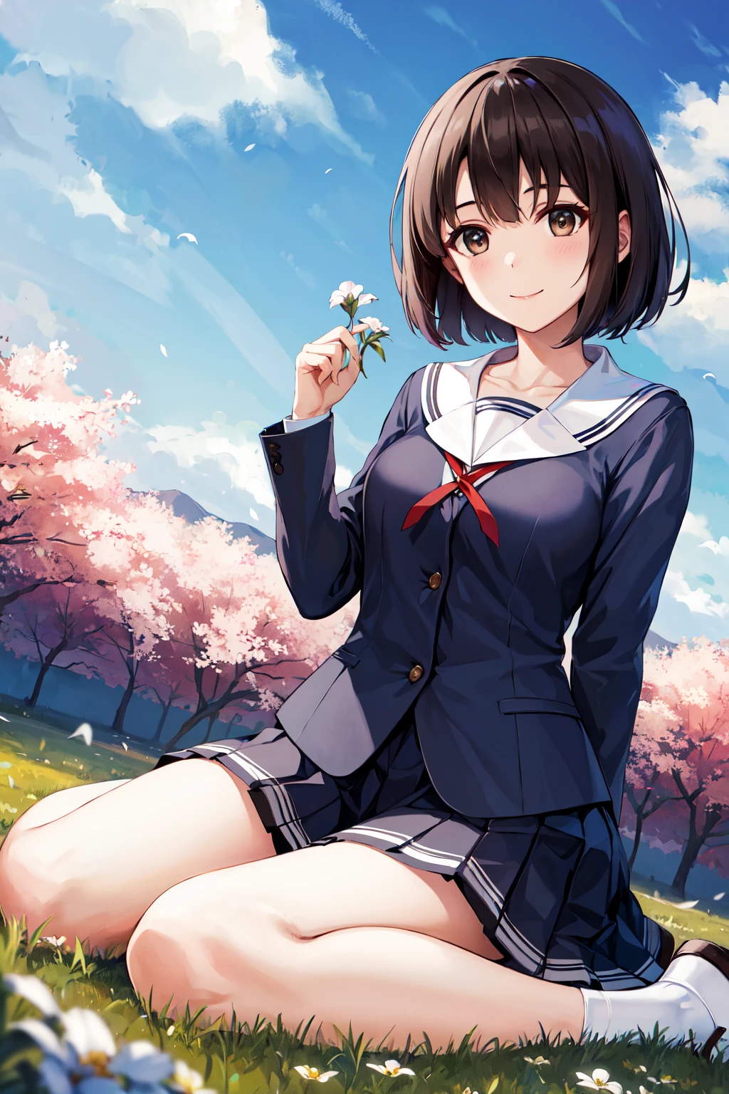 masterpiece, best quality, highres, hmkm1, short hair, blue shirt, school uniform, pleated skirt, long sleeves, collarbone, serafuku, medium breasts, <lora:katou_megumi_v1:0.7>, holding flower, grass, wariza, smile,