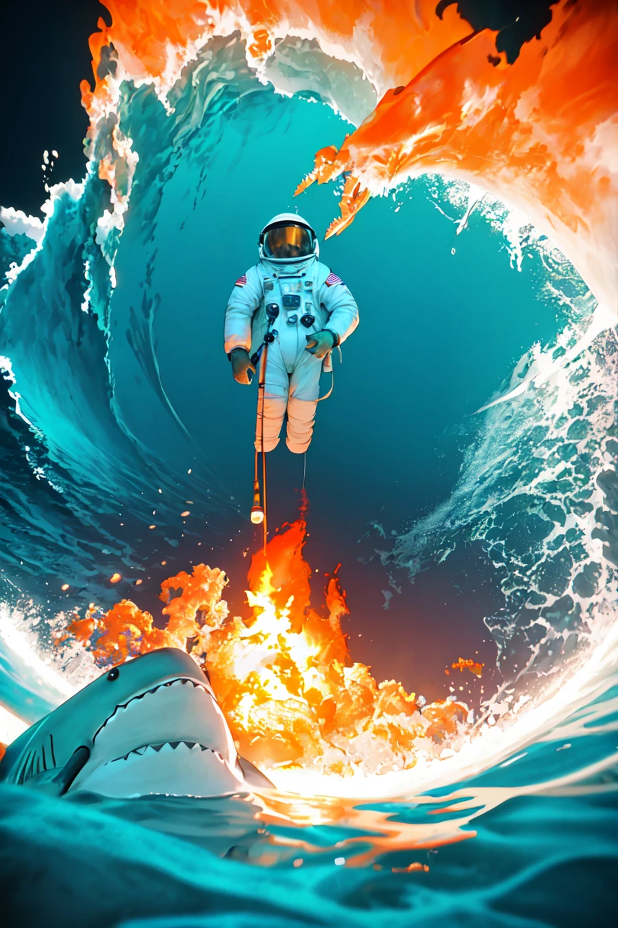 An Astronaut under water ocean with a fire torch while 1shark trying to attack, teal and orange, low contrast, faded, cinematic, hd, depth of field, wide field of view, white waves and moonlight on top, (hyperrealistic 3d render:1.16), photolab, (artstation:1.2)