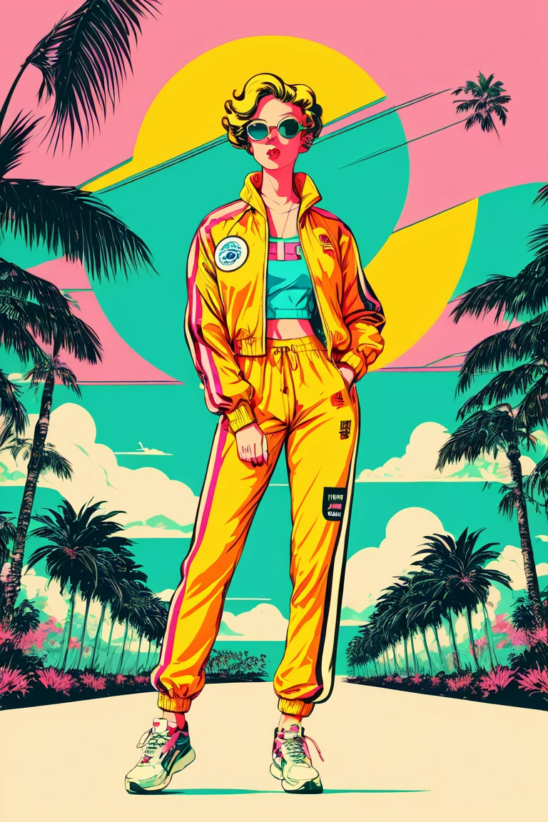 (((retro artstyle))) ((masterpiece)) A girl with blonde hair , sunglasses , retro track jacket , retro sweatpants , full body portrait , neutral expression , (vaporwave aesthetic) , palm trees , bust figure , vinyl records , japanese letters , vivid ,, <lora:add_detail:0.75>, <lora:FantasyWorldV1:0.25>,