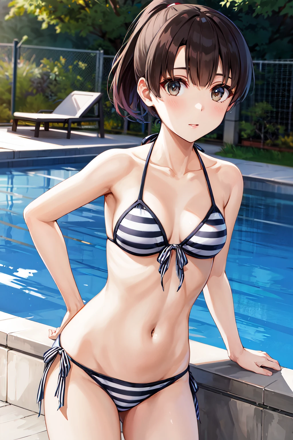 masterpiece, best quality, highres, hmkm1, short hair, ponytail, striped bikini, side-tie bikini bottom, medium breasts, <lora:katou_megumi_v1:0.7>, poolside, standing, cowboy shot,