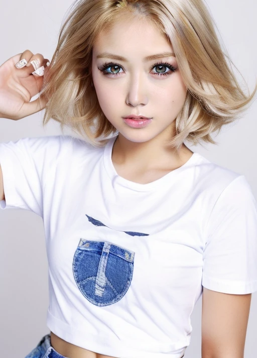 masterpiece,best quality,higher, <lora:gal:1>,1girl., beautiful face, beautiful face, (simple background:1.2), detailed_beautiful_eyes,blonde hair,   white T-shirts,short denim shorts