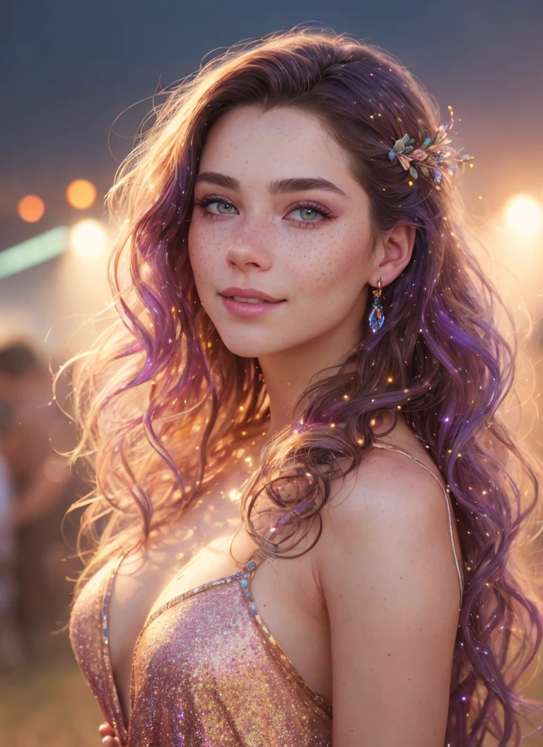 photorealistic painting, close up portrait of ((stunningly attractive)) a woman at a music festival, ((perfect feminine face)), (long loose colorful wavy hair), (glitter freckles), glitter, wearing a dress, intricate, 8k, highly detailed, volumetric lighting, digital painting, intense, sharp focus, art by artgerm and rutkowski and alphonse mucha, cgsociety, creative, glitter fog