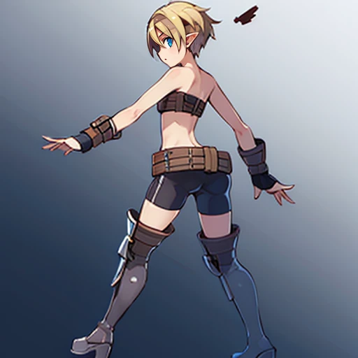 Valkyrie, short blonde pixie cut, headband,pointy ears, standing, (solo1:2), full body, curvy, rear view, back angles, looking back at viewer, blue eyes
VAtt,bare shoulders, belt, blue armored boots, thigh boots, bike shorts,midriff, beltbra, beltskirt
(insanely detailed, beautiful detailed face, masterpiece, best quality) <lora:Valkyrie-09:0.8>