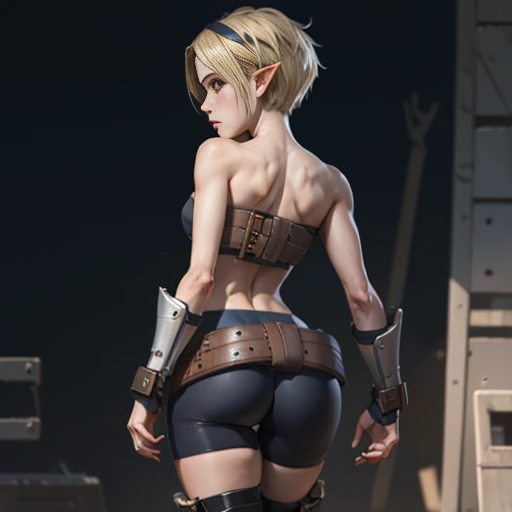 Valkyrie, short blonde pixie cut, headband,pointy ears, standing, (solo1:2), , curvy, rear view, back angles, looking back at viewer, blue eyes, close up
VAtt,bare shoulders, belt, blue armored boots, thigh boots, bike shorts,midriff, beltbra, beltskirt
(insanely detailed, beautiful detailed face, masterpiece, best quality) <lora:Valkyrie-09:0.8>