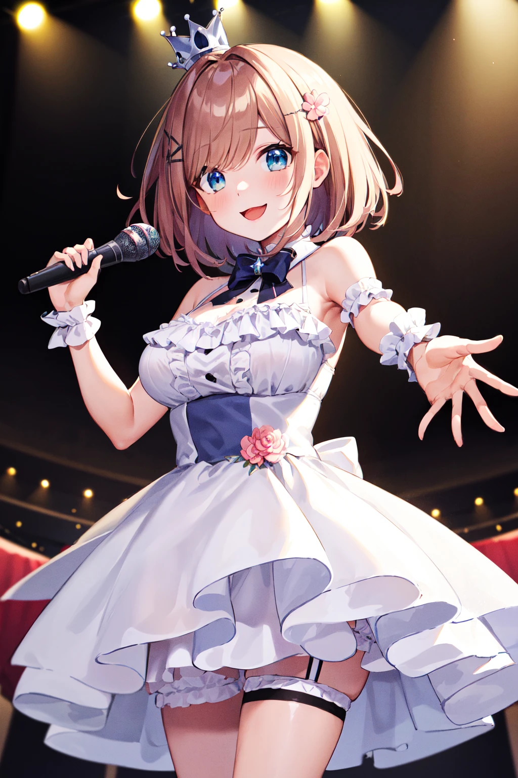 masterpiece, best quality, highres, hmsl1, medium hair, x hair ornament, (crown:1.1), pink flower, white dress, bridal garter, bare shoulders, wrist cuffs,  frilled dress, bowtie, large breasts, <lora:suzuhara_lulu_v10:0.7>, stage, cowboy shot, standing, (holding microphone), reaching out, outstretched arm, smile, open mouth, crowd,