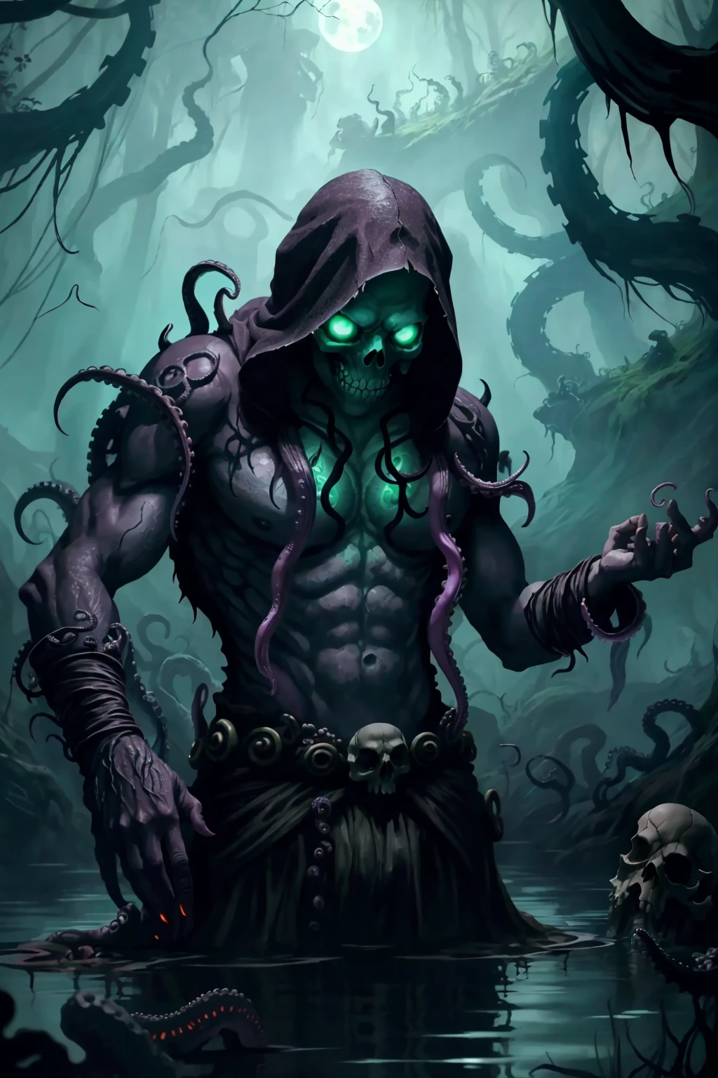 zrpgstyle, from_side from_below dark swamp eldritch monster (skull face:1.2) creature with (octopus tentacles:1.2) rising out of the water moss slime vines churning water fireflies midnight moonlight backlight (masterpiece:1.2) (best quality) (detailed) (intricate) (8k) (HDR) (wallpaper) (cinematic lighting) (sharp focus)