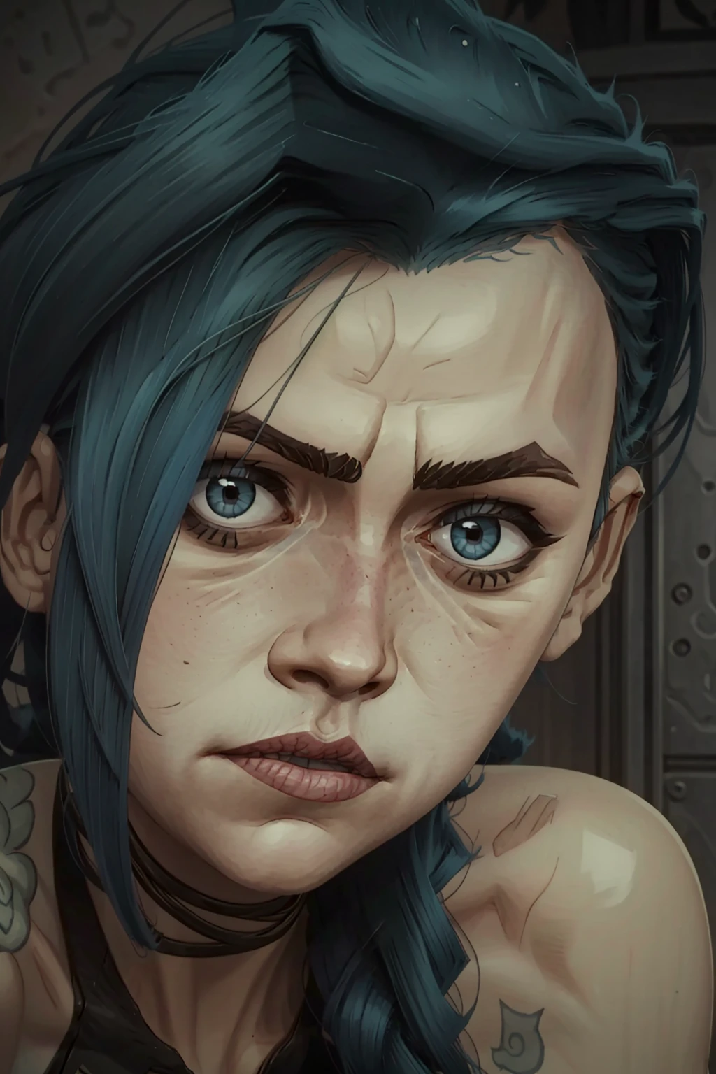 <lora:arcane-jinx-v3.0:0.75>, j1nxl0l , portrait, closed mouth,