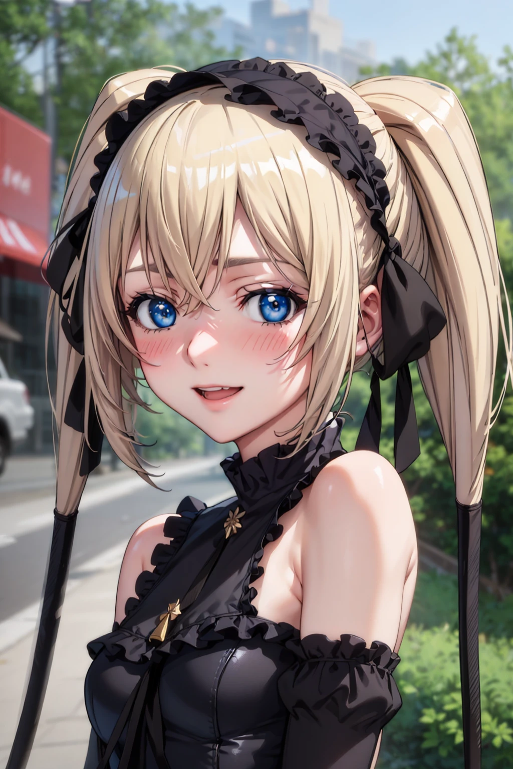 (best quality:1.1), (masterpiece:1.4), (absurdres:1.0),  portrait, close-up,
1girl, ekaterina kurae, twintails, low-tied_long_hair, hair ends, very long hair, blonde hair, flat chest, blue eyes, black dress, maid headdress, neck ribbon, looking at viewer, outdoors, (blush:1.2), city, smile,
<lora:Kizuki - Seikon no Qwaser - Ekatarina Kurae:0.95>