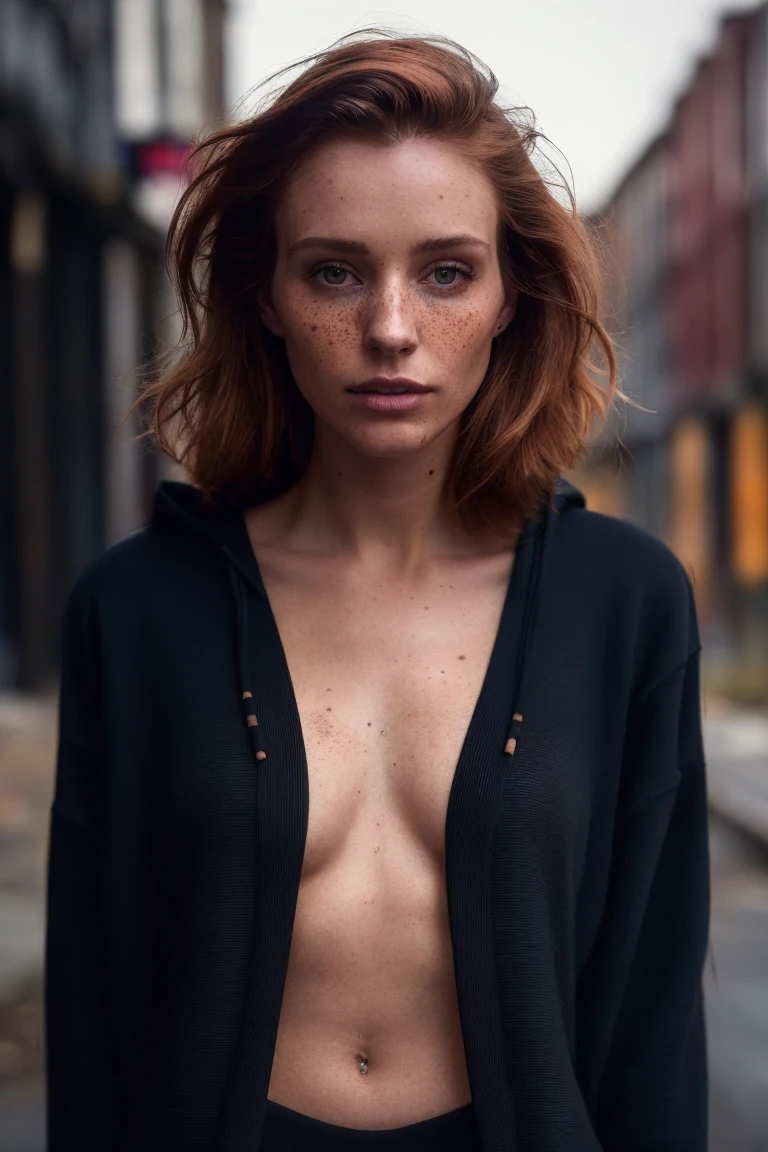 a photo of a seductive woman with loose styled redhead hair, bored, she is wearing a cropped hoodie that ends above her belly button, (textured skin, skin pores), (moles:0.8), imperfect skin, goosebumps, flawless face, (light freckles:0.9), ((photorealistic):1.1), (raw, 8k:1.3), dark, muted colors, slate atmosphere, <lora:to8contrast-1-5:0.4>, <lora:LowRa:0.3>