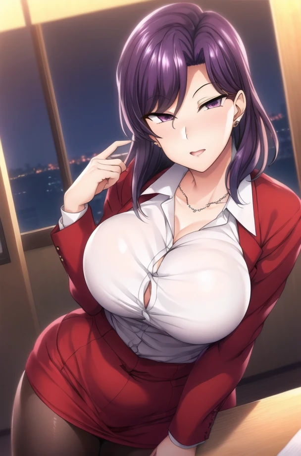 (Night:1.7), Japan, Tokyo, CityView, Before Window,
Standing at attention,
red jacket,pencil skirt,white shirt,pantyhose,
< <lora:Suzuka_Himemiya_Saimin_Gakushuu-KK77-V1:0.7>,jewelry,<lora:saiminSeishidou:0.2>,earrings,necklace,
purple eyes, purple hair,Bangs,
1 girl, 24yo,mature female,Beautiful Finger,Beautiful long legs,Beautiful body,Beautiful Nose,Beautiful character design, perfect eyes, perfect face,
looking at viewer,girl in the center of the image,
NSFW,official art,extremely detailed CG unity 8k wallpaper, perfect lighting,Colorful, Bright_Front_face_Lighting,
(masterpiece:1.0),(best_quality:1.0), ultra high res,4K,ultra-detailed,
photography, 8K, HDR, highres, absurdres:1.2, Kodak portra 400, film grain, blurry background, bokeh:1.2, lens flare, (vibrant_color:1.2)
(Beautiful,Large_Breasts:1.2), (beautiful_face:1.5),(narrow_waist),