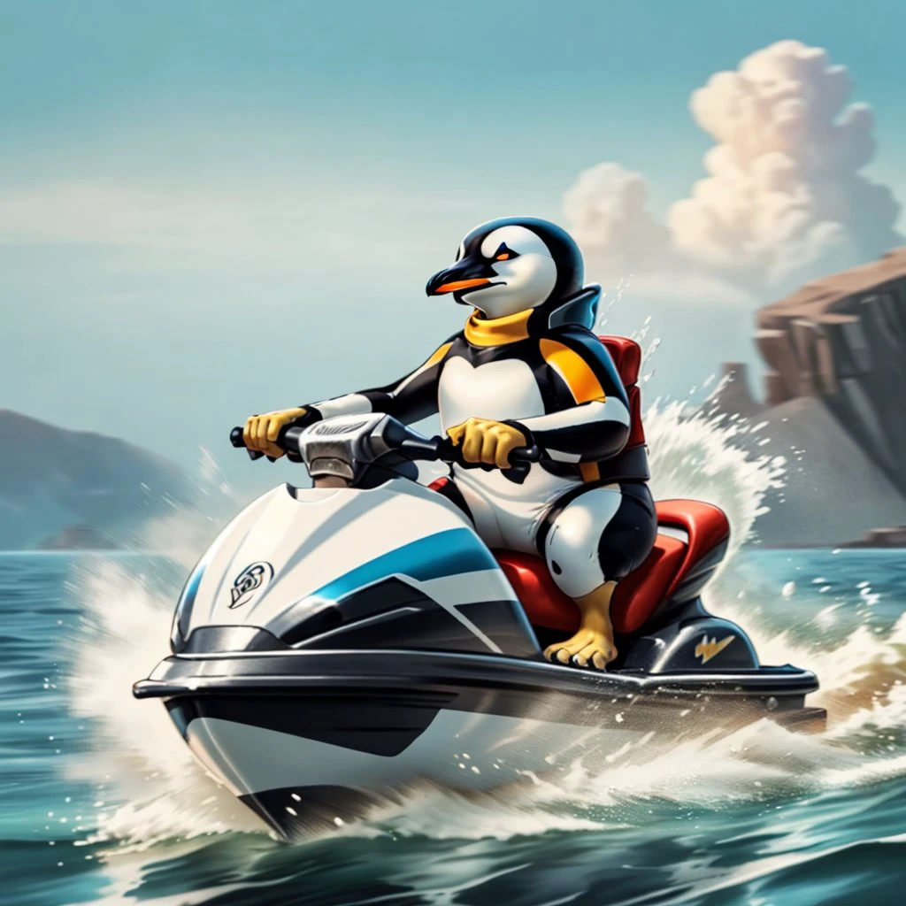 a penguin riding on a jetski <lora:riding_a:0.7>
