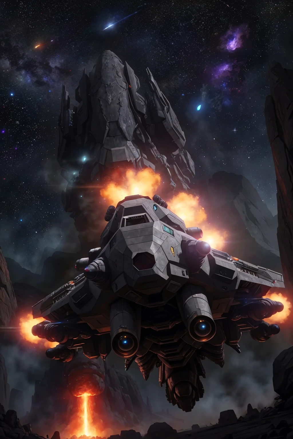 from side heavy capital class juggernaut spaceship in a nebula (asteroid field:1.2) action camera view epic render Style-Volumetric (zrpgstyle) (masterpiece:1.2) (illustration:1.2) (best quality:1.2) (detailed) (intricate) (8k) (HDR) (cinematic lighting) (sharp focus)
