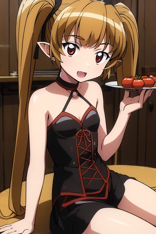 (masterpiece, best quality, highres, absurdres, ultra-detailed:1.3), (AS-Young:1), 1girl, ((sitting at kitchen table, many tomatoes, happy)), (twintails, long brown hair, red eyes, gothic black halter top, choker, fangs, magi, small breasts),  <lora:Pachira_Magipoka:0.8>(pachira, Magipoka, Magical Pokan anime)