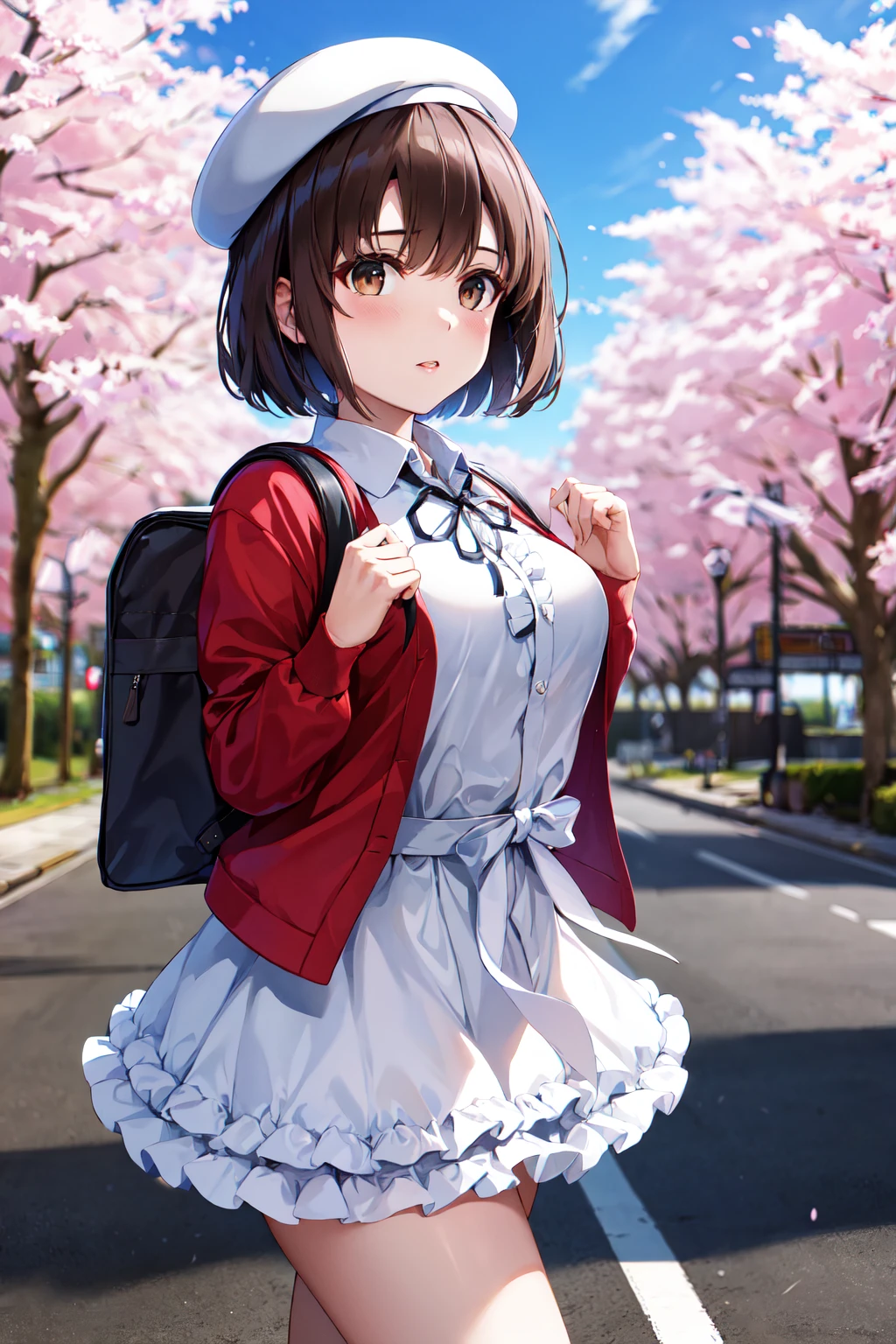 masterpiece, best quality, highres, hmkm1, short hair, white headwear, beret, red cardigan, white dress, frills, ribbon, long sleeves, open clothes, medium breasts, <lora:katou_megumi_v1:0.7>, cowboy shot, cherry blossoms, walking, backpack,