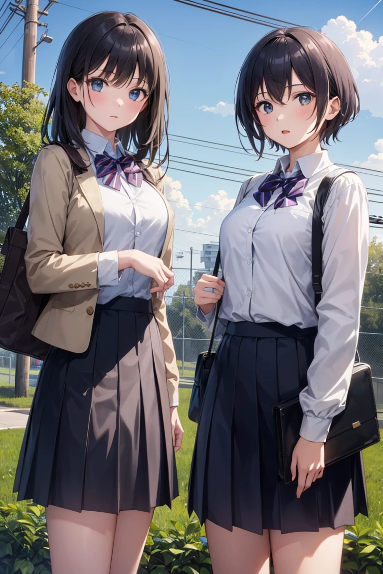 masterpiece, best quality, high resolution, extremely detailed, detailed background, cinematic lighting, dynamic angle, lens flare, outdoors, sky, cloud, power lines, building, fence, multiple girls, (2girls:1.4), long hair, short hair, skirt, jacket, school uniform, bag, utility pole,