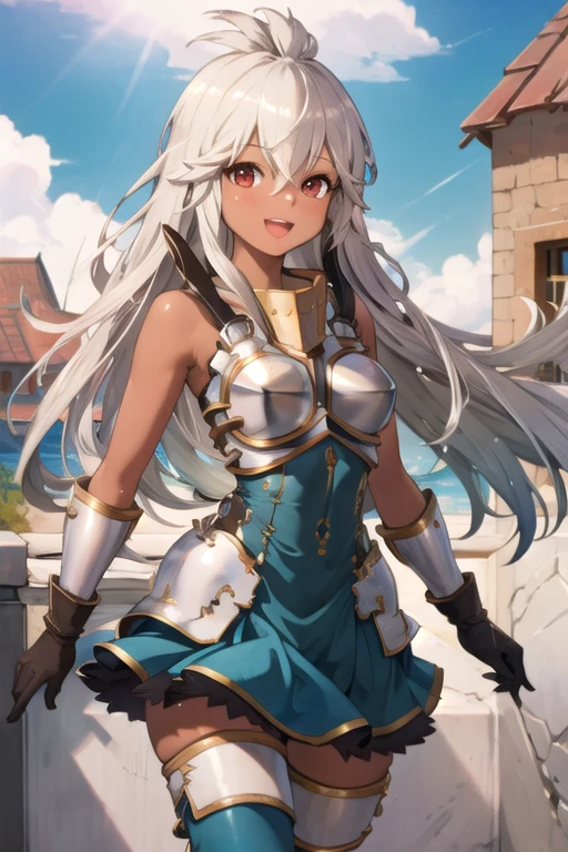 1girl, solo, zooey_reg, armor, breastplate, gloves, thighhighs, blue skirt, red eyes, tan, looking at viewer, smile, open mouth, sky, light rays, glow, thighs, (masterpiece), wallpaper, <lyco:zooey_v1:1.0>