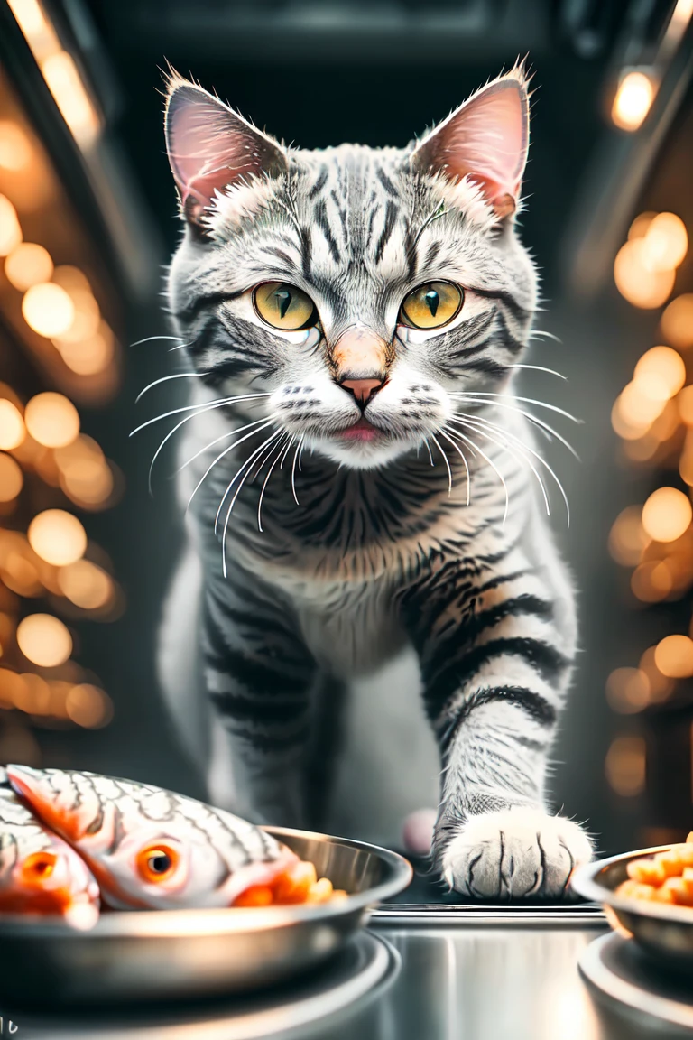 close-up photography of (grey tabby cat:1.2), cooking fish, (c4ttitude:1.3), in glasstech kitchen, hyper realistic, intricate detail, (foggy:1.1), <lora:GlassTech-20:0.8>, pov from below