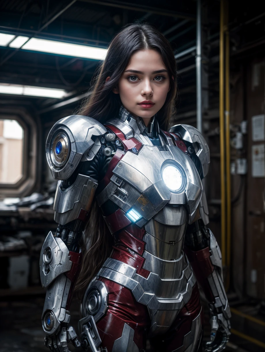 (RAW photo, 4k, masterpiece, high res, extremely intricate) (photorealistic:1.4), cinematic lighting 1girl, solo focus, summer noon, hot, 1990s \(style\),cowboy shot,indoors,the upper part of the body, masterpiece, best quality, masterpiece,best quality,official art,extremely detailed CG unity 8k wallpaper, beautiful detailed eyes, artbook, photo, real, realistic, futuristic knight, (silver, long hair), mecha girl, mechanical parts, space station, Expressive Hues, Vibrant Palette,B lack and white clothes, ironman suit <lora:more_details:0.5> <lora:mecha_offset:1>