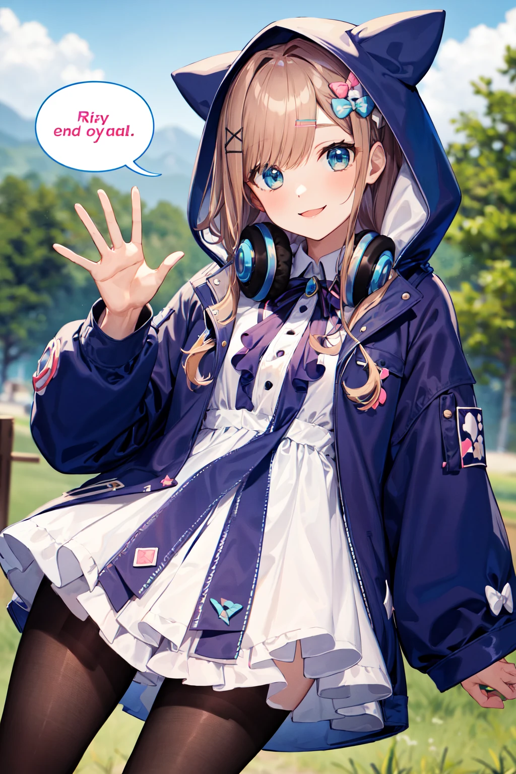 masterpiece, best quality, highres, hmsl1, hairclip, hair bow, hood up, black pantyhose, hooded jacket, jewelry, headphones around neck, open clothes, blue bow, <lora:suzuhara_lulu_v10:0.7>, speech bubble, cowboy shot, smile, outdoors, waving