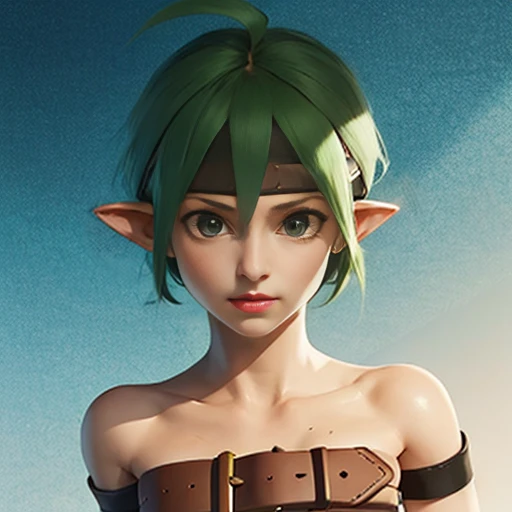 Valkyrie, green hair,short hair,headband,solo,pointy ears. 
VAtt,bare shoulders, brown belt,armored boots,bike shorts,midriff,beltbra,beltskirt
(insanely detailed, beautiful detailed face, masterpiece, best quality) <lora:Valkyrie-09:0.8>