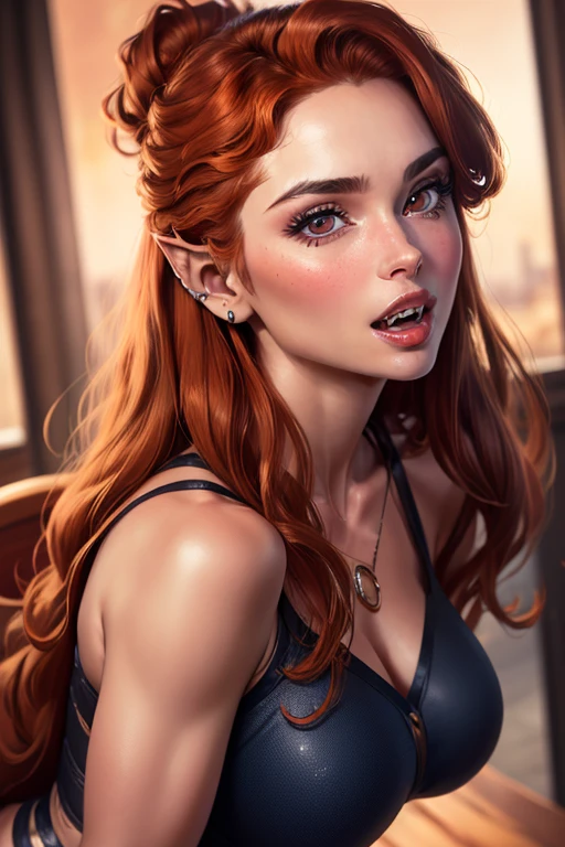 <lora:lenoreV2:0.6>lenore,1girl, solo, long hair, open mouth, brown hair, red eyes, jewelry, earrings, pointy ears, fangs, portrait  (masterpiece:1.2), (best quality), (ultra detailed), (8k, 4k, intricate),(full-body-shot:1), (highly detailed:1.2),(detailed face:1.2), (gradients), sfw, colorful,(detailed eyes:1.2)(detailed background),detailed landscape, (dynamic angle:1.2), (dynamic pose:1.2),