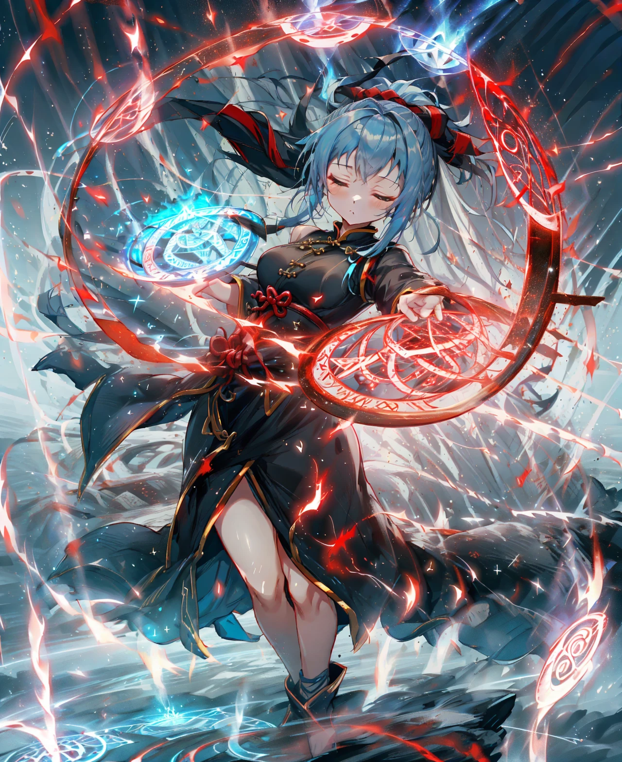 1girls, sparkle, lighting effect, cinematic lighting, lightning, meteor, meteor shower, flame, aura, fire
black chinese clothes, blue hair, long hair, ponytail, closed eyes, medium breasts, open hands, full body, standing,
black simple background, (magic circle:1.3), <lora:torino_aqua_offset:1> torino aqua, <lora:GlowingRunesAIV3:1>, GlowingRunesAI_red