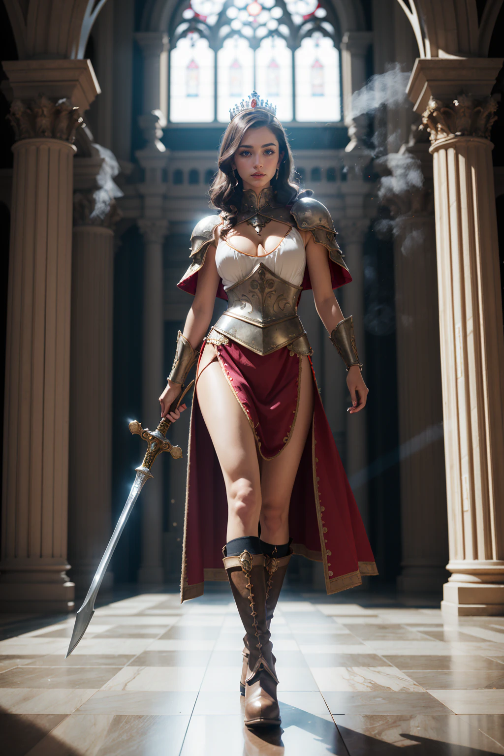 realistic, detailed, realistic details, intricate detail
break,
1girl, princess, crown, shoulder cape, breastplate, long skirt, side slit, vambrace, pauldron, steel boots, female warrior, graceful fighting stance, beautiful, slender, petite, cleavage, small breast, detailed skin complexion, tanned skin, silky skin, wielding sword on left hand, wielding mage staff on right hand
break,
fantasy world, castle, throne room, baroque architecture, very detailed architecture, gods ray, moody vibe, volumetric fog,
break,
wide perspective, depth of field, rule of third, sharp focus, detailed background, depth and dimension, light and shadow contrast,