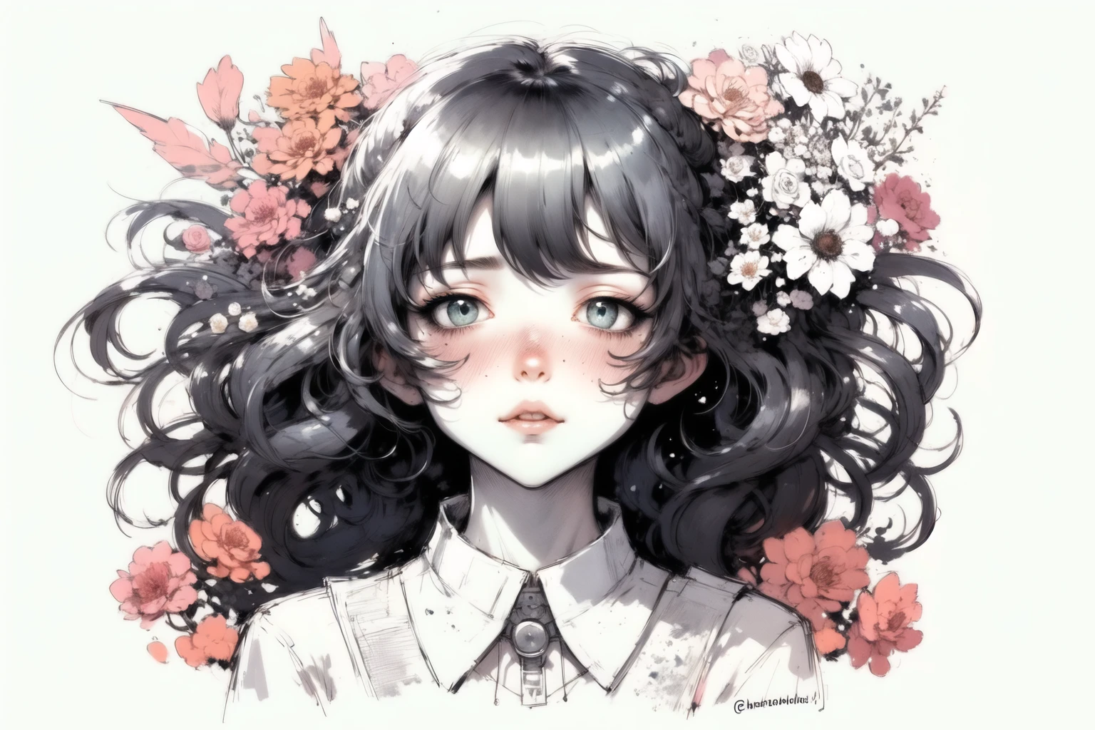 masterpiece, best quality, 1girl, flowers, (lineart, sketch:1.3)